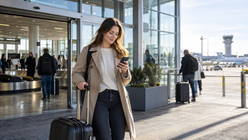 Arriving traveller using a smartphone outside Vilnius Airport