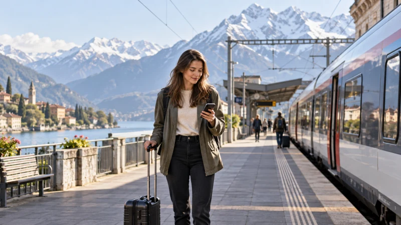 Rail traveller using a smartphone between Italy and Switzerland