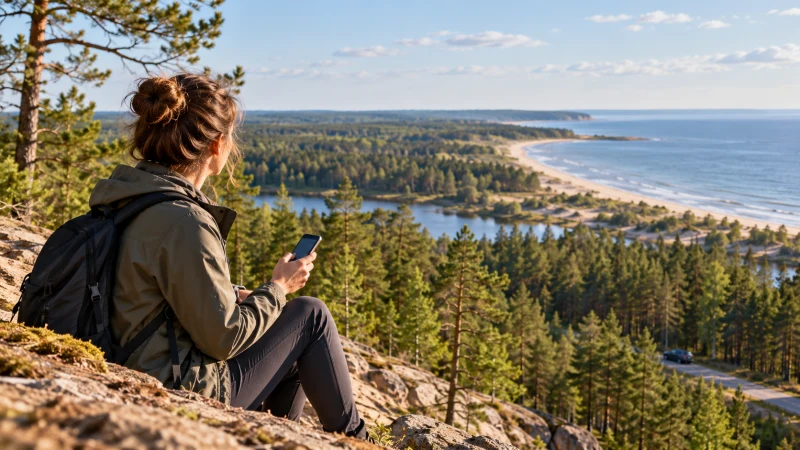 Traveller checking mobile coverage above Latvia’s pine forest and Baltic coast