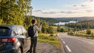 Traveller checking mobile coverage beside a rural road in Lithuania