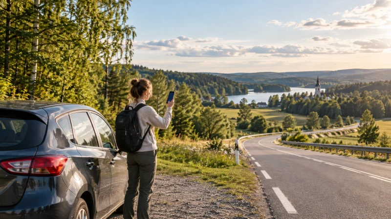 Traveller checking mobile coverage beside a rural road in Lithuania
