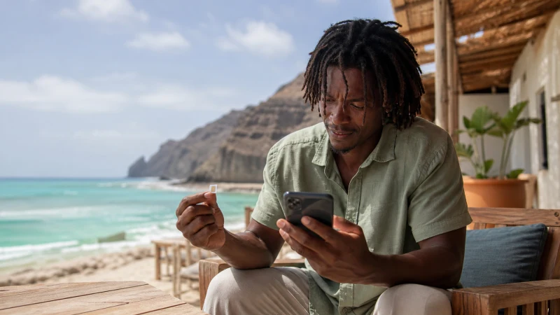 Traveller comparing mobile connectivity options in Cape Verde