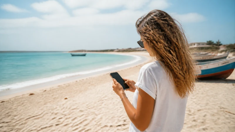 Traveller using mobile internet on Maio Island, Cape Verde
