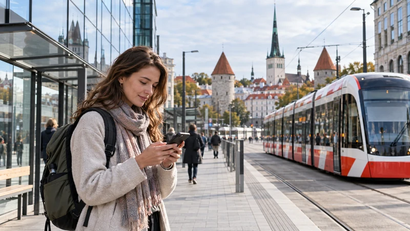 Traveller using mobile internet beside a tram in central Tallinn