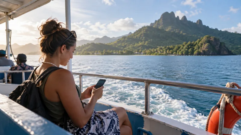 Traveller checking a smartphone on a ferry between Fiji islands