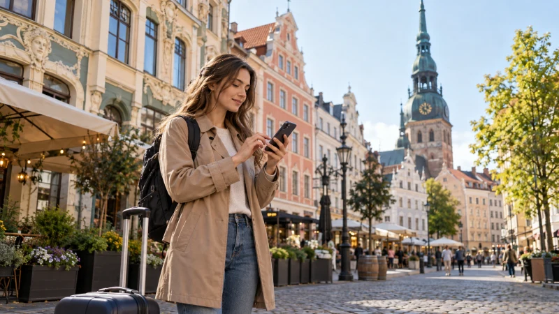 Traveller using a smartphone for navigation in Riga with luggage