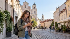 Traveller using a smartphone in Vilnius Old Town, Lithuania
