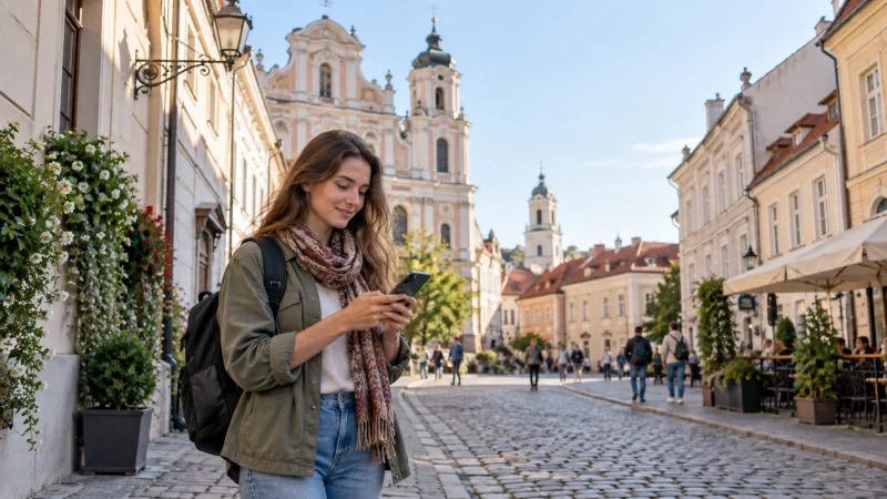 Traveller using a smartphone in Vilnius Old Town, Lithuania