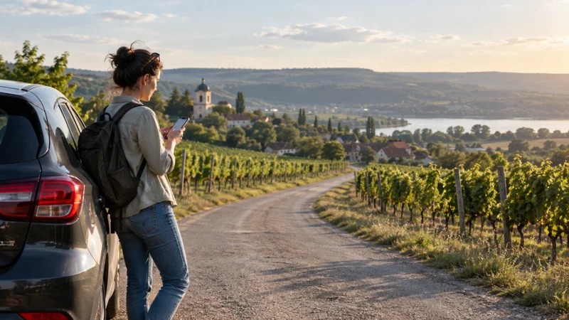 Traveller checking mobile internet beside a vineyard road in Moldova