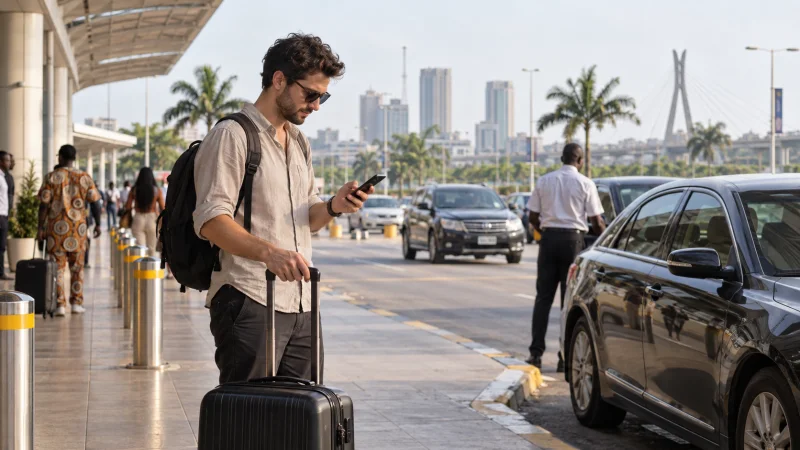 Traveller using a smartphone beside a pickup area in Lagos, Nigeria