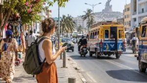Traveller using mobile internet on a busy street in Dakar
