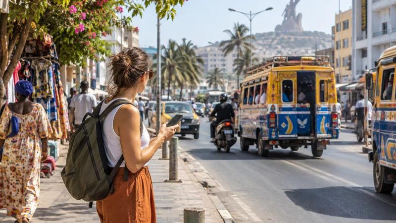 Traveller using mobile internet on a busy street in Dakar