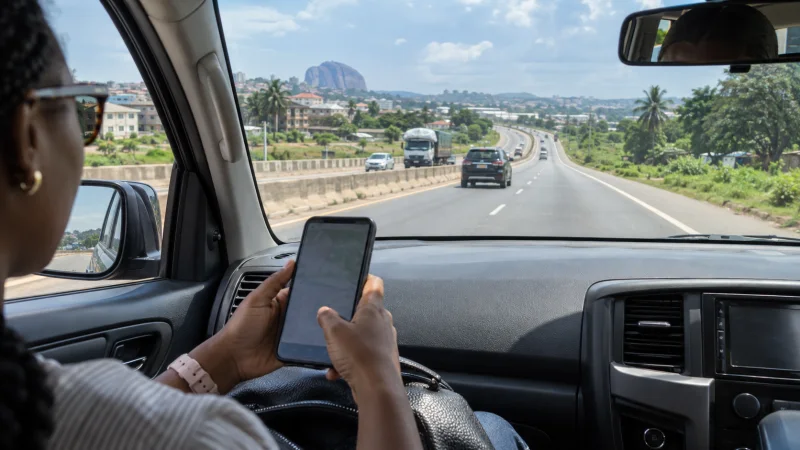 Passenger checking a smartphone during an intercity road journey in Nigeria