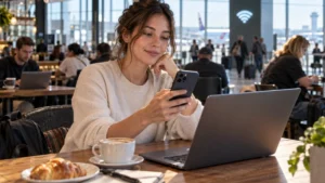 Traveller using a smartphone and laptop near public airport Wi-Fi