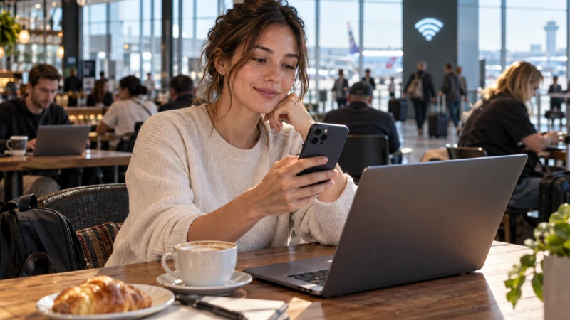 Traveller using a smartphone and laptop near public airport Wi-Fi