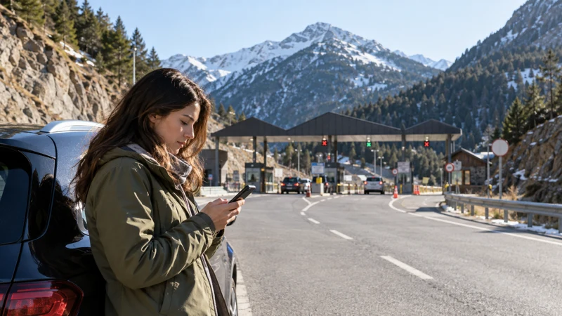 Road traveller checking a smartphone near a mountain border crossing into Andorra