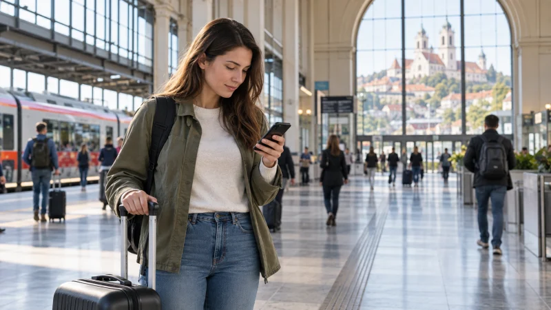 Traveller checking roaming settings at a railway station in Vilnius