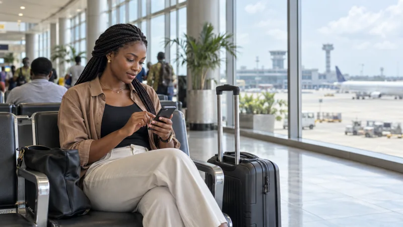 Traveller checking mobile settings in a Nigerian airport terminal