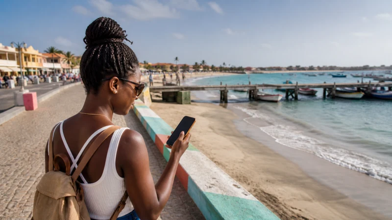 Traveller using a smartphone in Santa Maria, Sal
