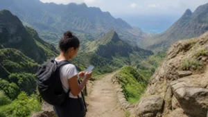 Traveller checking mobile coverage on Santo Antão, Cape Verde