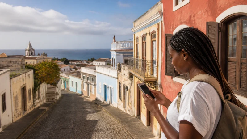 Traveller using mobile data in São Filipe, Cape Verde