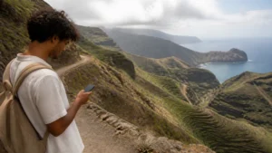Traveller checking mobile coverage on São Nicolau, Cape Verde