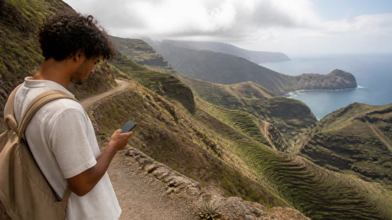 Traveller checking mobile coverage on São Nicolau, Cape Verde