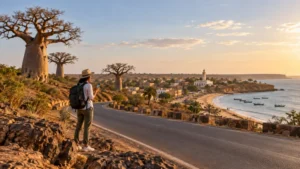 Traveller checking mobile coverage on a coastal road in Senegal