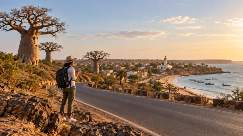 Traveller checking mobile coverage on a coastal road in Senegal
