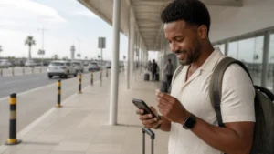 Traveller buying a SIM card at Praia Airport