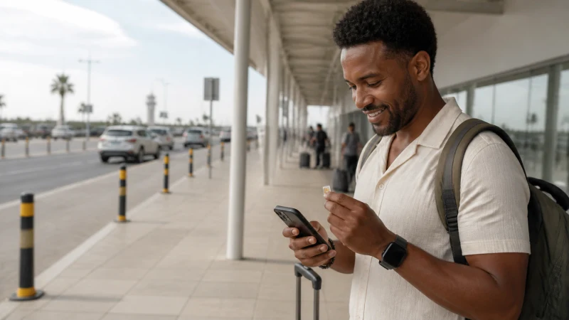Traveller buying a SIM card at Praia Airport