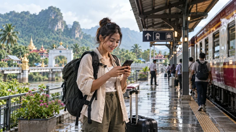 Traveller checking a smartphone during a Thailand–Malaysia rail journey