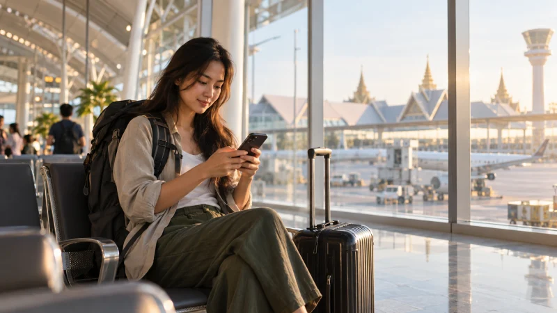 Traveller checking a smartphone before a Thailand and Vietnam journey