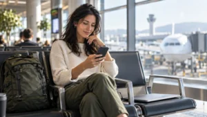 Traveller comparing mobile data options before an international flight