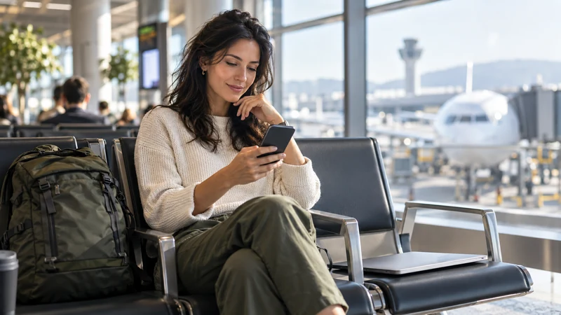 Traveller comparing mobile data options before an international flight