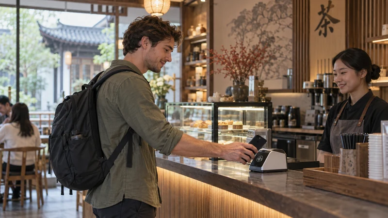 Traveller using a smartphone for mobile payment in China