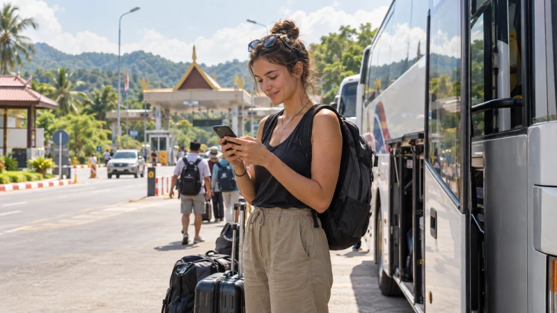 Traveller checking mobile data during a Vietnam–Cambodia coach journey