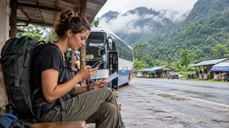 Backpacker checking a smartphone on a Vietnam–Laos border route