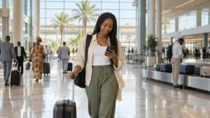 Traveller checking a phone in the arrivals hall at Dakar airport