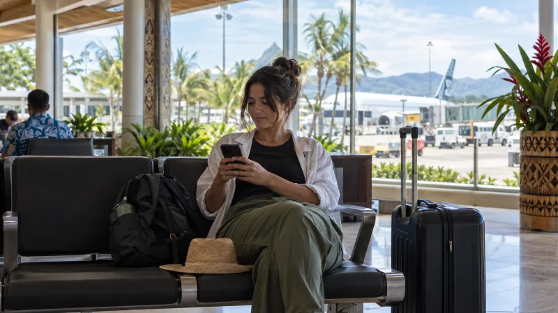 Traveller using a smartphone in the Nadi Airport waiting area