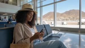 Traveller using WiFi at Praia Airport in Cape Verde