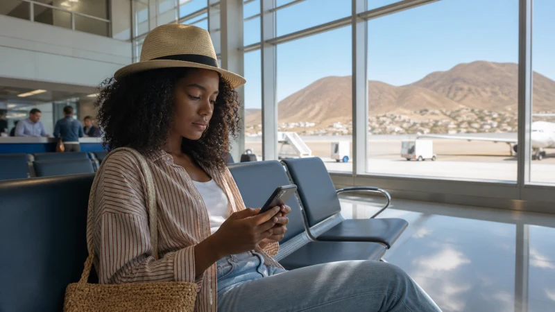 Traveller using WiFi at Praia Airport in Cape Verde