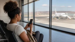 Traveller using WiFi at Sal Airport in Cape Verde