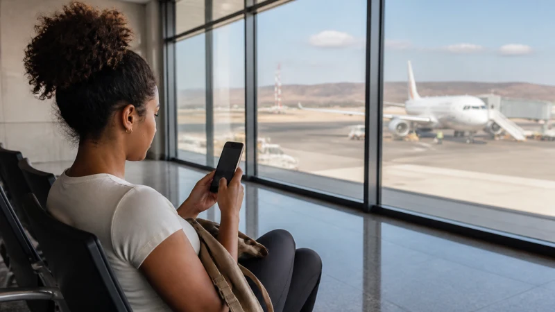 Traveller using WiFi at Sal Airport in Cape Verde