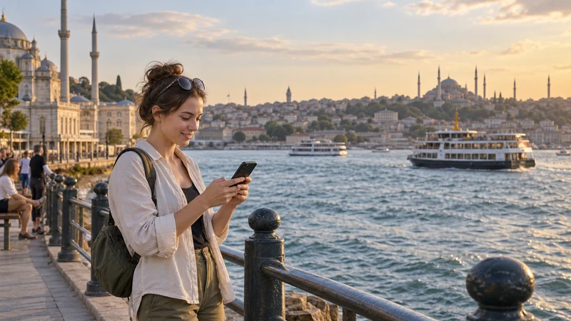 Traveller checking phone connectivity beside the Bosphorus in Istanbul