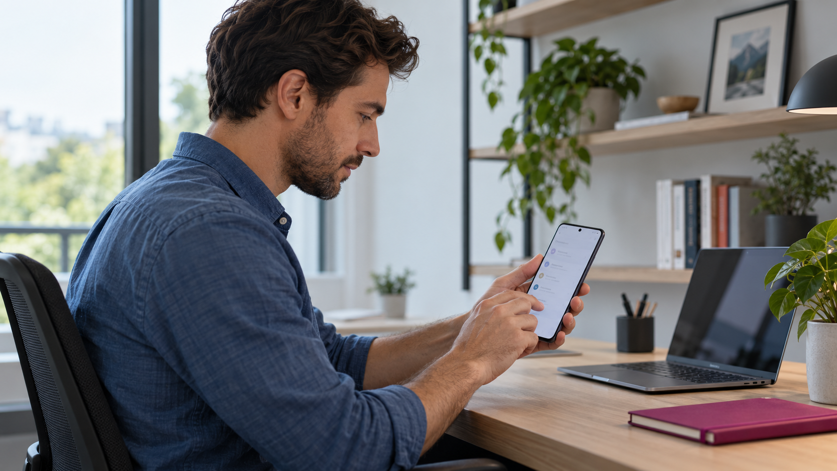 Man checking Android smartphone settings at a home office desk.