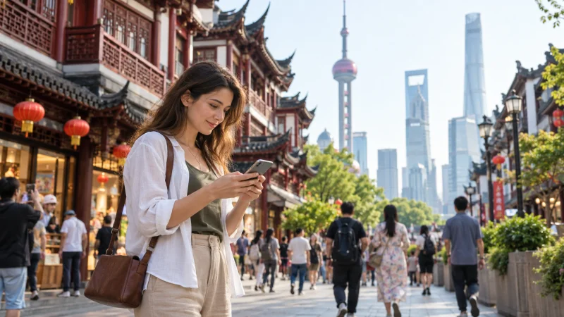 Traveller checking a smartphone on a pedestrian street in Shanghai, China