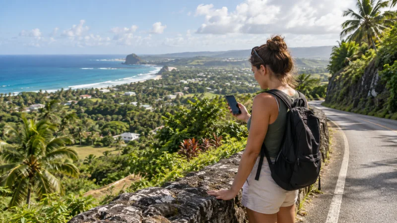 Traveller checking mobile coverage at a coastal viewpoint in Barbados