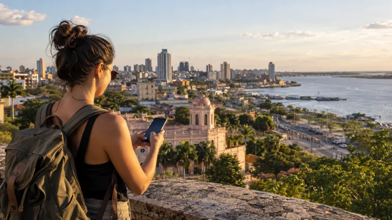 Traveller using a smartphone above the Asunción skyline and Paraguay River