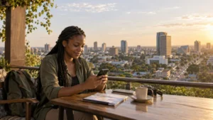 Traveller checking a smartphone above the Lusaka skyline